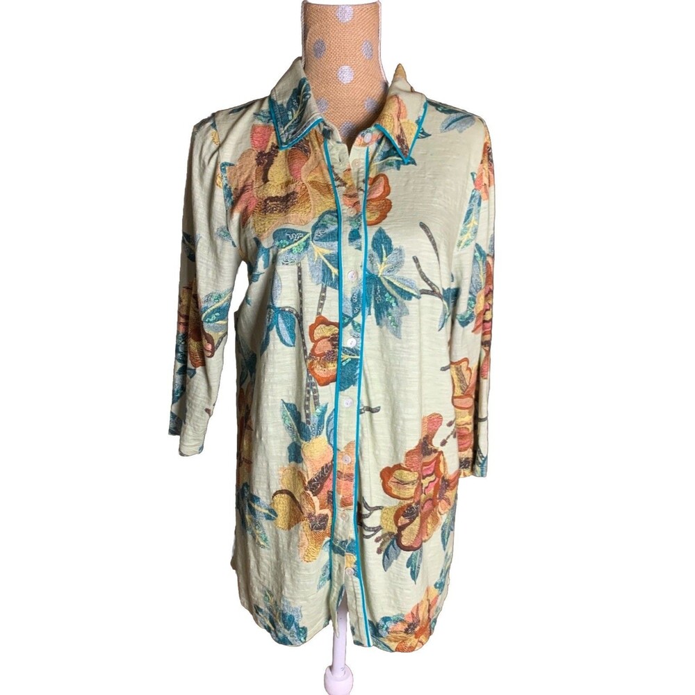 Soft Surroundings Top Womens M Sage Floral Tunic Button Up Cotton Swiss Dots